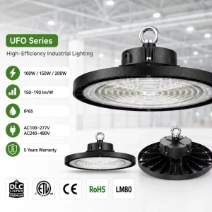100 200W UFO High Bay Light SMD2835 Aluminum IP65 Rating Lighting Solutions for Warehouses Factories Garages Stadiums Indoors