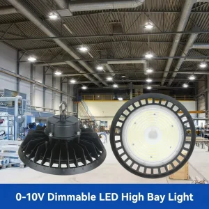 100W UFO LED High Bay Light 210lm/W Over 55% Energy Saving 0-10V Dimmable IP65 No Flicker for Warehouse Gym Logistics Center