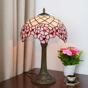 12 Inch Stained Glass Table Lamp American Garden Pink Cherry Blossom Bedroom Bedside Romantic Desk Lamp Mother’s Day Gift