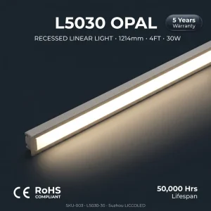 1214mm 30W LED Recessed Linear Light 3000lm Opal Diffuser Trimless 50×30 Aluminum 6500K CE RoHS Office Waiting Room 99 Beam