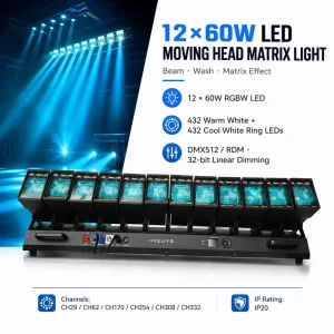 12x60W 800W RGBW LED Moving Head Matrix Bar DMX512 4 in 1 Beam Zoom Wash Pixel Mapping 4 60 Deg for Concert Stage Festival