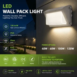 130lm W LED Wall Pack Light with Glass Cover IP65 DLC ETL CE RoHS 40W 120W Outdoor Wall Pack Security Lighting for Garage Yard