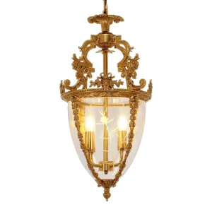 15 Inch Vintage French Gold Copper LED Lantern Pendant Light with Glass Shade Gold Brass Luxury Dining Pendant Lamp Chandelier