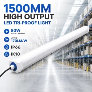 1500mm 80W High Output LED Tri Proof Light IP66 IK10 for Large Warehouses Logistics Centers and Industrial Spaces