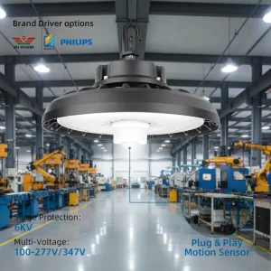 150W 190lm/W UFO LED High Bay Light DLC ETL Listed Industrial High Bay Lamp for Warehouse Factory