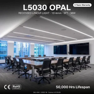 1514mm 36W Flicker Free LED Recessed Linear Light 3600lm Ra>80 Opal PC Diffuser Trimless 50x30mm 6063 Aluminum 6500K Linkable