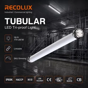 170lm/W LED Tubular Weatherproof Light IP69K with PC/PMMA Housing Ammonia Vapor Resistant for Industrial Warehouse
