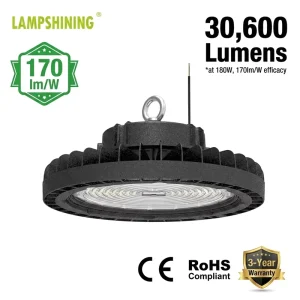 180W UFO LED High Bay Light 170lm W 30600lm High Temp Industrial Lamp for Factory Warehouse Workshop CE RoHS 3Y Warranty