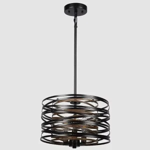 19.7″ Rustic Farmhouse Dining Room Light Fixture American 5 Light Steel Wood Grain Drum Chandelier for Kitchen Island