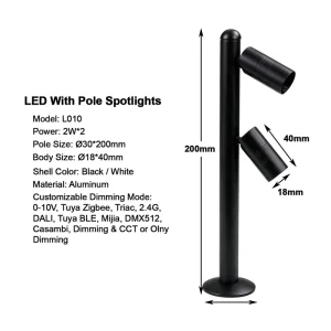 2 Head Pole Spotlights with 2W Aluminum Shell Black Glass Display Cabinet Spotlights for Museum Jewelry Store
