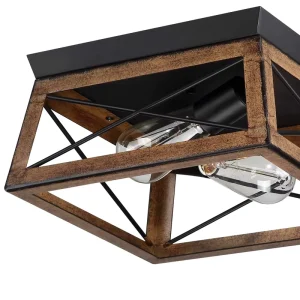 2 Light Ceiling Light Black Handcrafted Wood Grain Flush Mount Farmhouse Ceiling Modern Chandelier Light Fixture