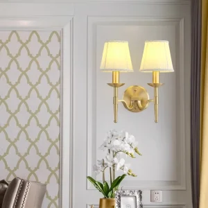 2-Light Modern Brass Wall Sconce with Fabric Shade Gold Finished Wall Lamp for Bedroom Bathroom Hotel Decor