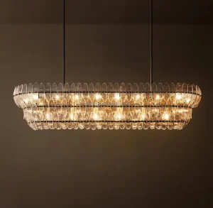 2 Tier American Hand Hammered Ripple Glass Linear Chandelier for Dining Room Kitchen Islands