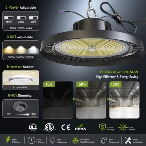 200W-150W-100W 3Power & 3CCT Adjustable LED UFO High Bay Light 150lm/W IP65 Waterproof Industrial Warehouse High Bay Lighting
