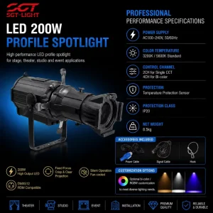 200W Fixed Focus LED Profile Light Leko 50000H COB Source Linear Dimming Four Shutters Projector Stage for Exhibition