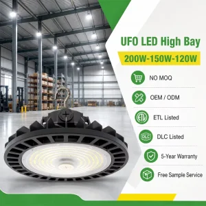 200W LED UFO High Bay Light 30000LM CCT Switchable IP65 Die Cast Aluminum DLC6.0 5 Years Warranty