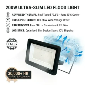 200W Slim LED Flood Light Outdoor Security Light Aluminum 20000LM Wide Voltage IP66 Floodlight with Free DIALux Simulation