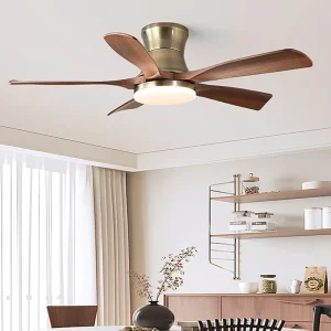 220V Commercial 42/52 Inch 3/5 Straight Blades Wooden Brass Bedroom Ceiling Fan for Kitchen With Led Light