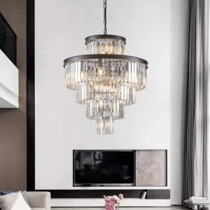 24″ Luxury Crystal Chandelier with Black Finish Elegant 15 Light 5 Tier Pendant Light Fixture (Bulb Not Included)