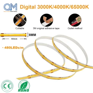 24V Dotless COB LED Strip Light 5M Cuttable Uniform Lighting for Kitchen Cabinet