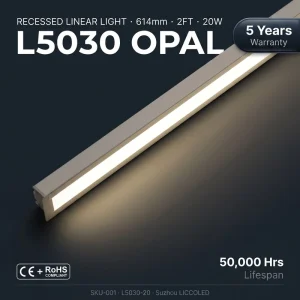 2FT 20W Recessed LED Linear Light 614mm Opal Diffuser 50x30mm Aluminum 6500K 100lm/W Flicker Free CE RoHS Office Waiting Room