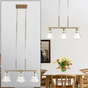 3 Light Iron Linear Pendant Light Hammered Conical Clear Glass Adjustable Chain Modern Farmhouse Kitchen Island Dining E26 Base