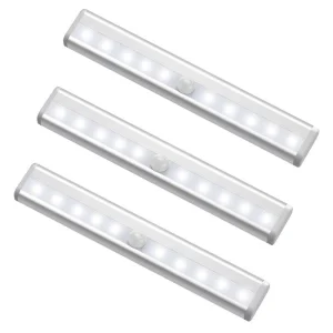 3 Pack 10 LED Cabinet Lights with PIR Motion Sensor Battery Operated Adhesive Sticker Installation Dimmable White Modern Design