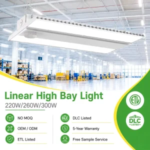 300W 260W 220W Adjustable Linear HighBay LED Workshop Light 3CCT DLC Listed Industrial Ceiling Light for Factory Warehouse Gym