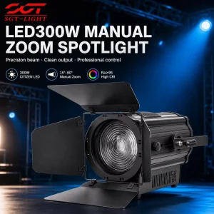 300W LED Fresnel Spotlight CRI95 R9 R15 15-60 Manual Zoom DMX512 3200K 5600K for Meeting Room Live Broadcast Room