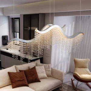 36” Chrome Luxury Waterfall Modern Pendant Light Crystal Chandeliers Adjustable Pendant Light Fixture for Kitchen Island