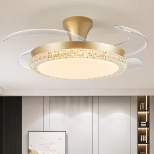 36 Inch Gold Modern Bedroom DC Motor Ceiling Fan Light with Remote Control 6-Speed Retractable Blades Quiet Operation
