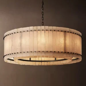 37 Inch American Round Natural Alabaster Stone Chandelier Brass LED Pendant Light for Living Dining Room
