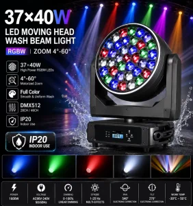 37x15W 40W LED Moving Head Beam Zoom Wash Light DMX512 RGBW DJ Stage Backdrop Effect for Concert Wedding Festival Theater