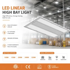 3CCT Adjustable 100W 320W LED Linear High Bay Lights ETL 130W LM Warehouse Commercial Ceiling Lighting Fixture