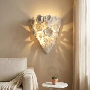 3D Floral Relief Wall Sconce White Resin Handmade Flower Wall Lamp LED Warm Light for Bedroom Living Room Bedside Home Decor