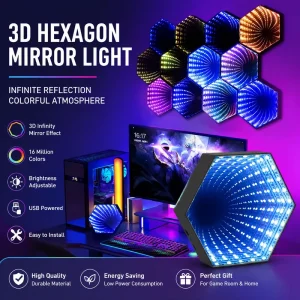 3D Hexagonal Mirror Tunnel Lamps Smart APP Control Music Rhythm Pickup Lights Desktop Ambient Light for Bedroom Game Room