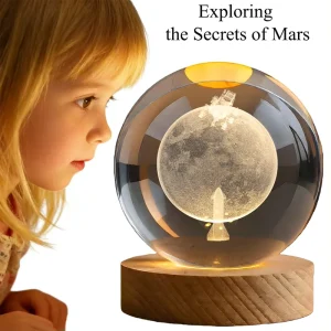 3D Laser Engraved Crystal Ball Stand LED Small Night Light Lamp with Unique Crafts Design Solar System Mars