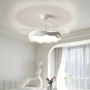 42 Inch Modern LED Chandelier Lamp with Smart Remote Control 220V BLDC White Flower ABS Body DC Motor Ceiling Fan Light