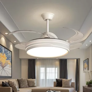 42 Inch Modern Retractable Invisible 4 Bladeless Ceiling Fan with LED Light and Remote Control ABS Iron Material for Living Room