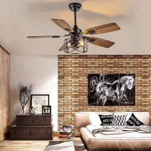 42 Inch Vintage Industrial Ceiling Fan with LED Light 6 Speed Remote Dimmable 30W DC Motor 5 Wood Blades Cage Farmhouse