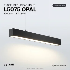 4FT 1200mm 30W LED Linear Pendant Linkable Opal Diffuser 6063 Aluminum 3600lm 120lm W Multi CCT Options PF 0.9 CE RoHS Flicker