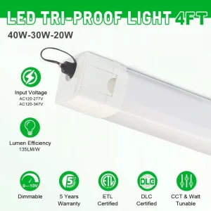 4FT 40W 30W 20W Tunable 3CCT LED Vapor Tight Light 135lm/W IP65 ETL DLC Free Snap Brackets 5 Years Warranty