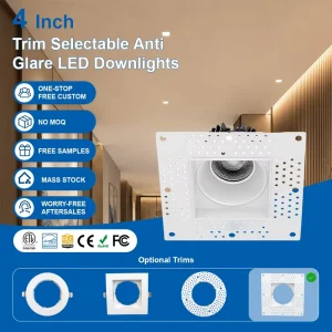 4in Modern Indoor Trim Selectable Square Commercial Frameless Spotlight 15W Anti Glare Ceiling LED COB Downlight Trimless