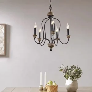 5 Light Black Wooden Chandelier Antique Lighting Vintage Wood Pendant Light for Hotel