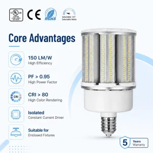 5Years Warranty 3CCT 3Wattage Selectable 150lm w Parking Lot High Quality 27W 80W Led Corn Bulb Light