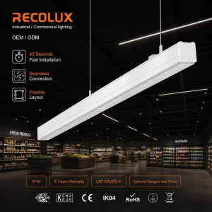 5ft 7ft Energy Efficient Continuous Run LED Linear Trunking System 180lm/W CCT Switchable Lighting For Supermarket