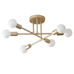 6-Light Gold Sputnik Ceiling Light Modern Mid Century Semi Flush Mount Chandelier