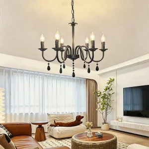 6-Light Small Black Wrought Iron LED Candle Chandelier Black Crystal Pendant Vintage E14 Ceiling Dining Room Bedroom Hallway