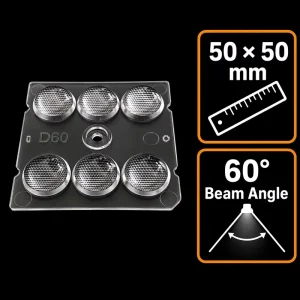6 in 1 60 Degree 50×50 LED Lens for Street Lighting Tunnel Lighting Optical Grade PC Material High Transmission OEM Custom