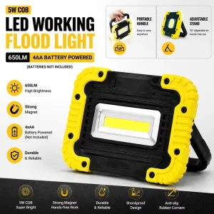 650LM 4AA Dry Battery Powered LED Inspection Working Flood Light COB Repairing Lamp with Strong Magnet